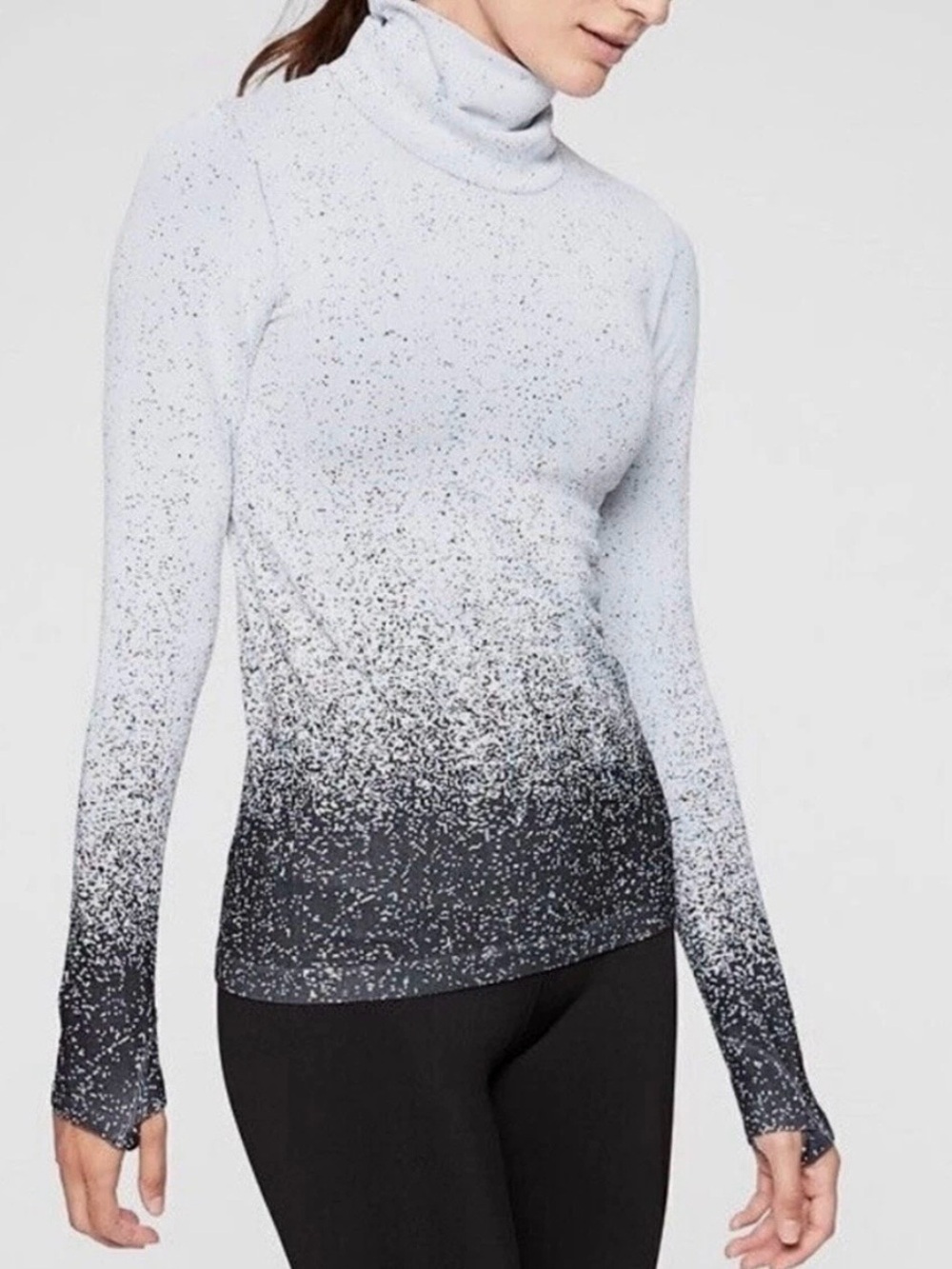 Athleta Flurry Base Layer Black/White Speckled and Ombré Turtleneck Top, Sz. M